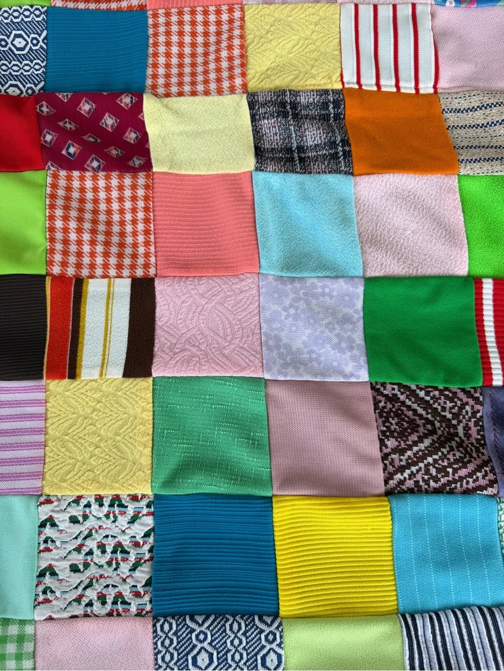 Vintage Double Knit Polyester Patchwork Scrap Quilt Bright Colorful 45x66